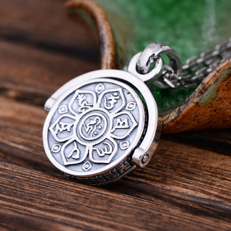 S925 Sterling Silver Rotating six-word mantra pendant