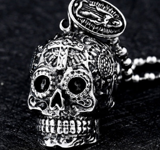 Gothic Carved Stainless Steel Skull Pendant Necklace - High-Quality Men's Biker Jewelry (BP8-256)