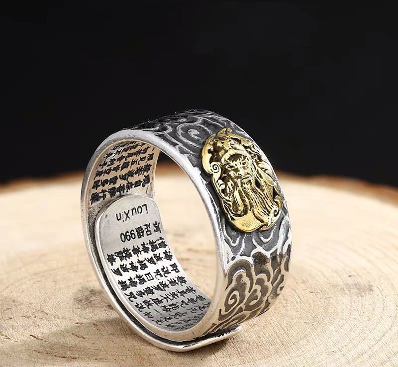 Pure Silver Lucky Pixiu Ring Sterling Silver Men's Heart Sutra Bodyguard